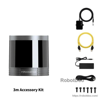 LiDAR sensor with 3m accessory kit contents: junction box, Ethernet cable, power adapter and screws