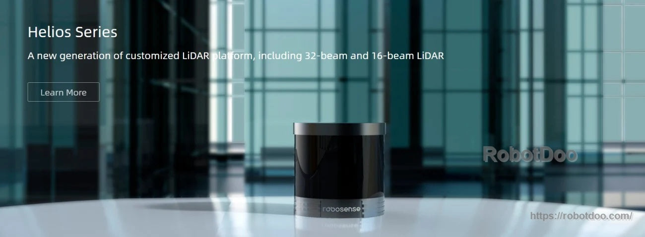 RoboSense Helios Series 360° multi-beam LiDAR sensor on tabletop, Helios 16/32-line platform for robots and AGVs