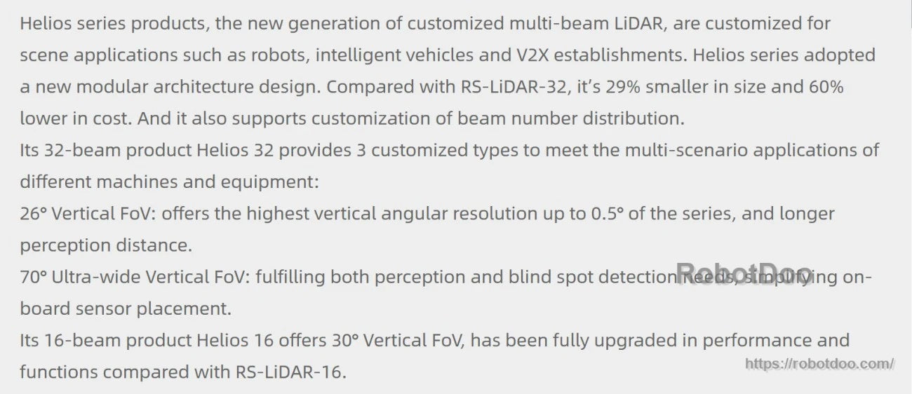 Product overview text for RoboSense Helios Series LiDAR describing modular design, smaller size, lower cost, and FoV options