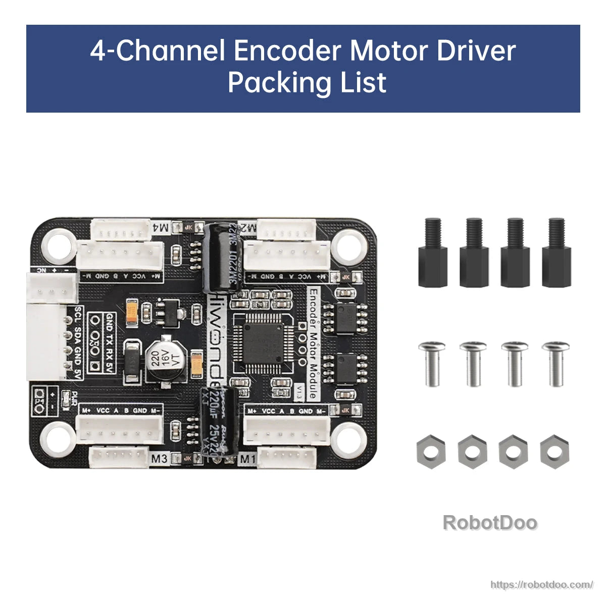 Packing list showing encoder motor driver board with standoffs, screws, and nuts included