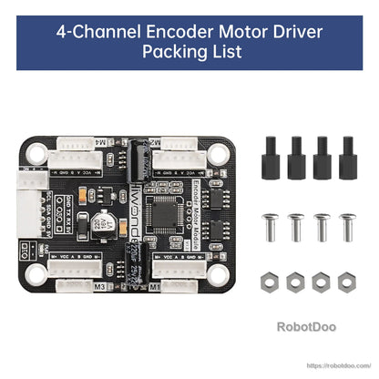 Packing list showing encoder motor driver board with standoffs, screws, and nuts included