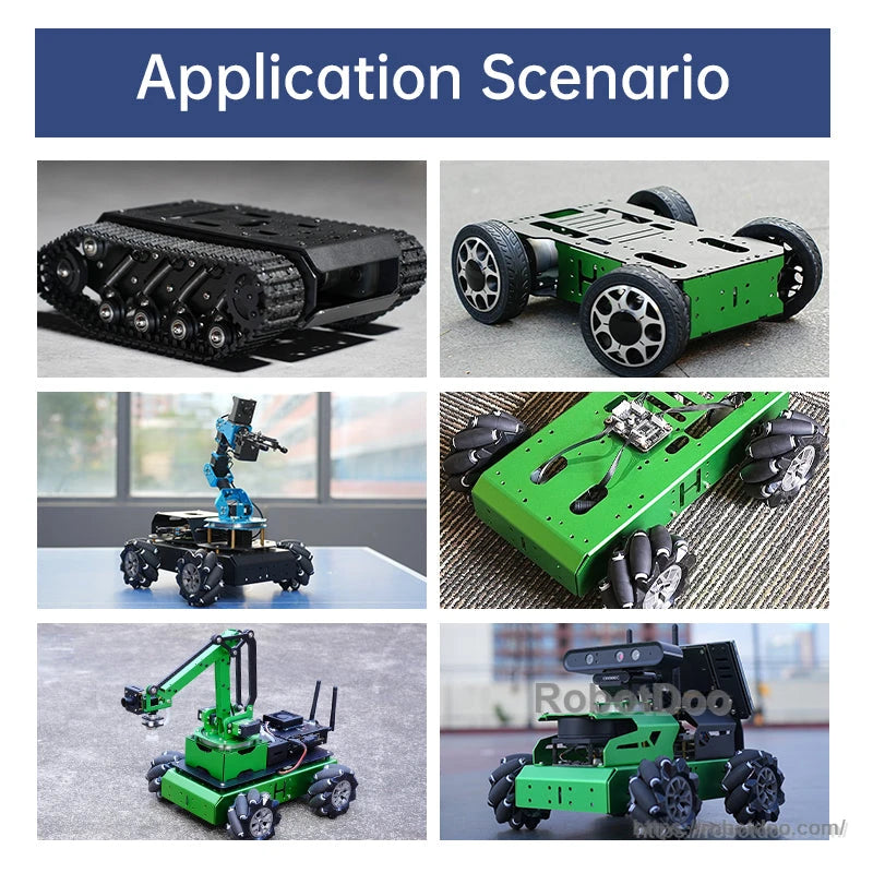 Application scenarios collage of robot car chassis, tracked platform, and robotic arm vehicles