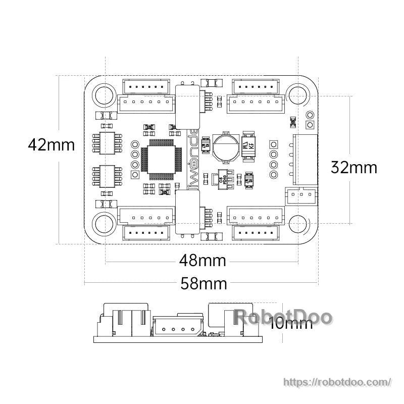 Dimension drawing with mounting hole layout and board size 58×42 mm plus 10 mm height side profile