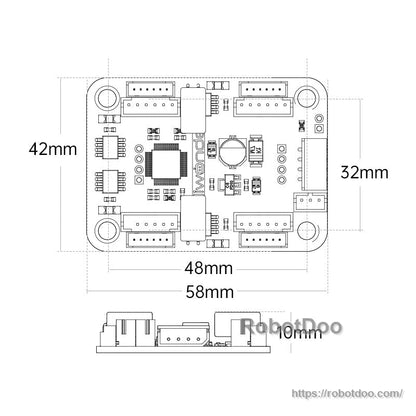 Dimension drawing with mounting hole layout and board size 58×42 mm plus 10 mm height side profile