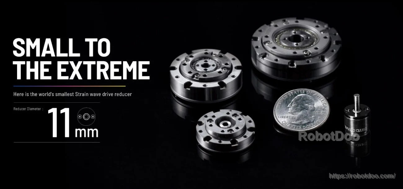 Ultra-mini strain wave drive reducer size comparison highlighting an 11 mm diameter unit alongside a coin