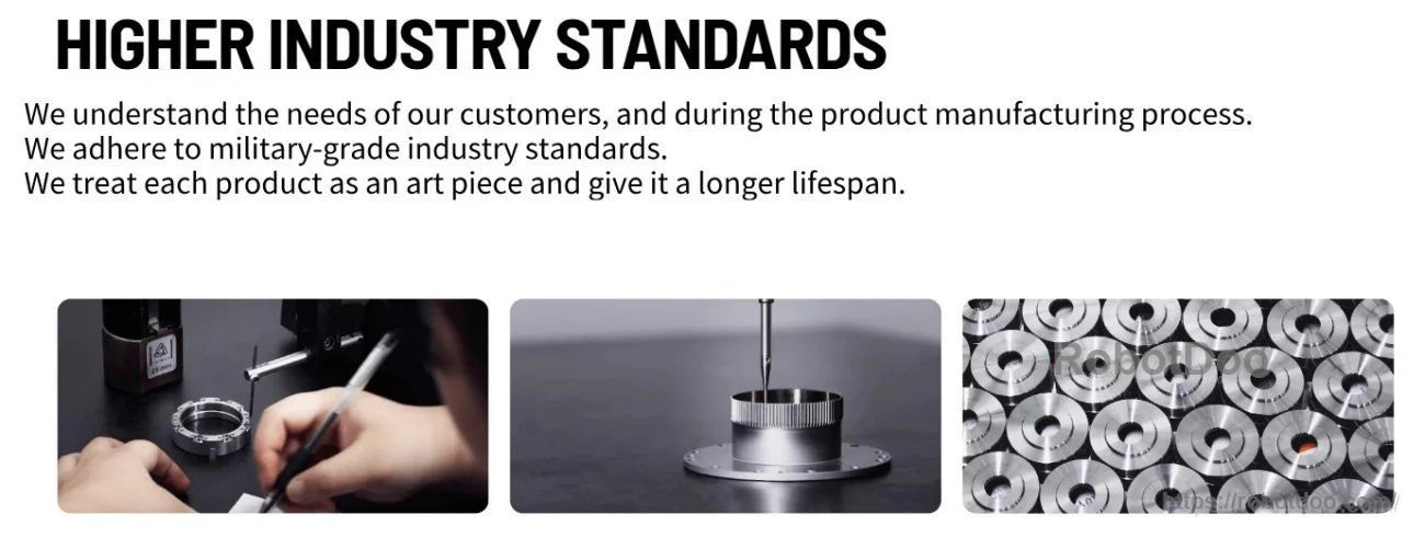 Higher industry standards banner with close-ups of reducer assembly, precision inspection, and machined components