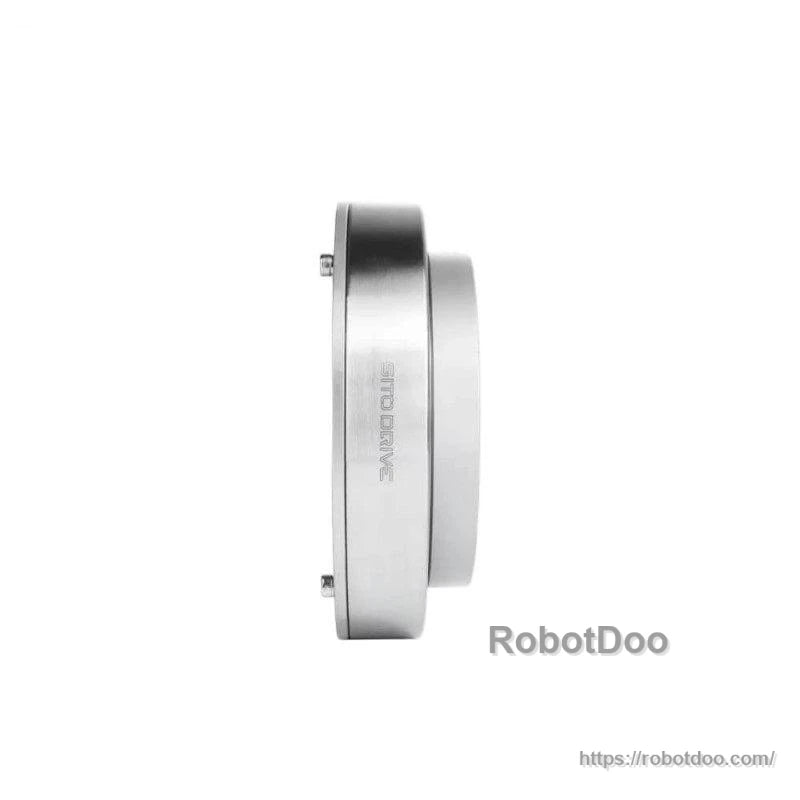 Side profile of compact round reducer housing showing body thickness and flange step (RobotDoo)