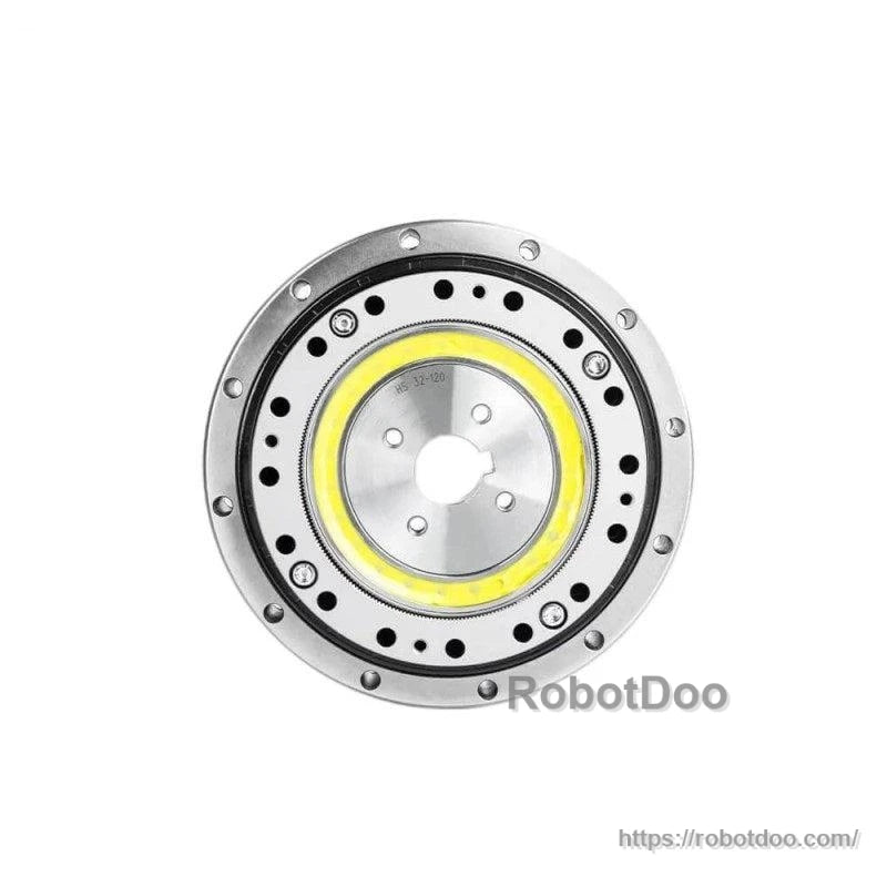 Top-down view of circular reducer flange with yellow ring and evenly spaced mounting holes (RobotDoo)