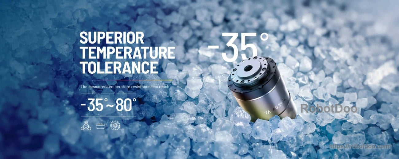 Temperature tolerance graphic for the actuator showing -35° to 80° operating range in icy environment