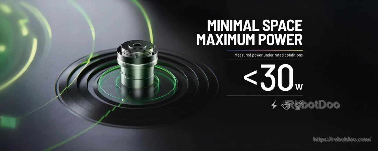 Compact rotary actuator highlighting low measured power use under rated conditions (<30 W message)