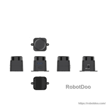 Mapper M2M3 LiDAR sensor multi-angle views highlighting rear connector side and mounting base, RobotDoo watermark