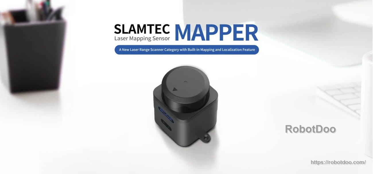SLAMTEC Mapper M2M3 LiDAR laser mapping sensor on desk, compact module with top-mounted scanner