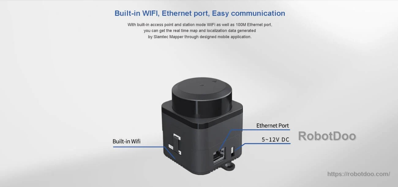 Rear/side view labeling built-in WiFi, 100M Ethernet port, and 5–12V DC input for communication and power