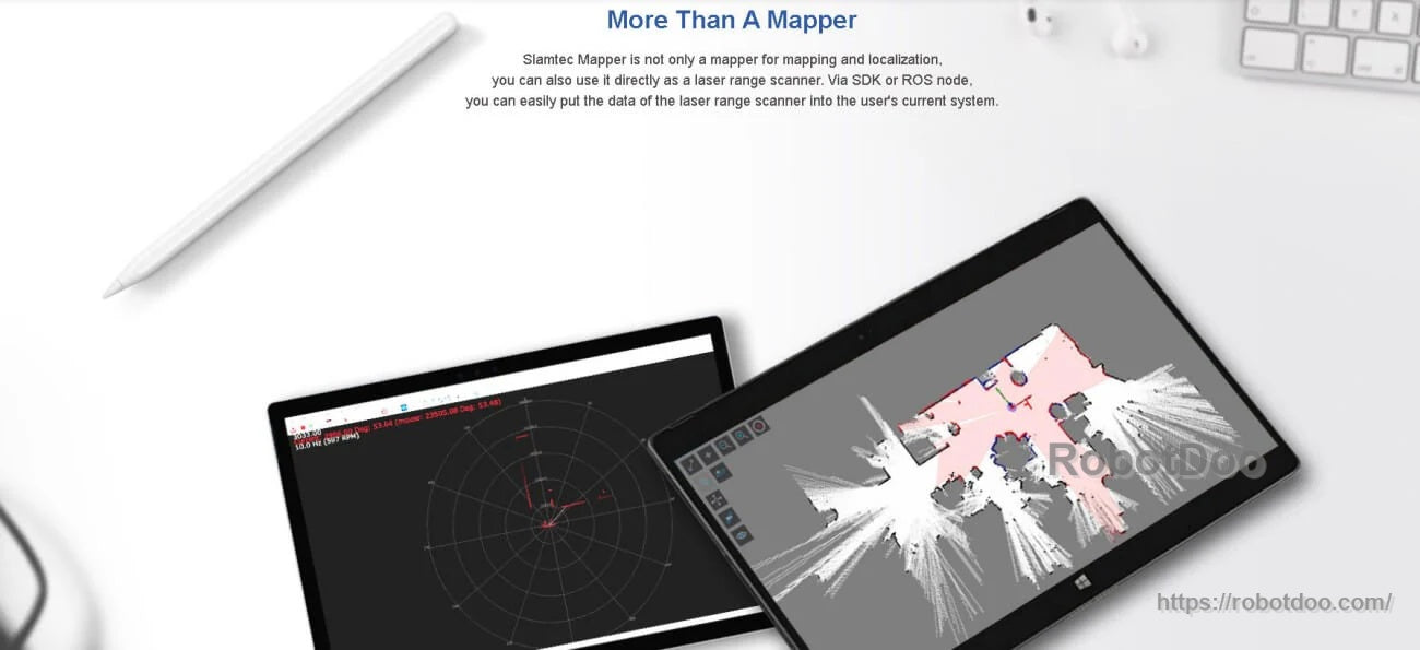 Laser scan visualization on tablet and laptop, showing use as a laser range scanner in addition to mapping