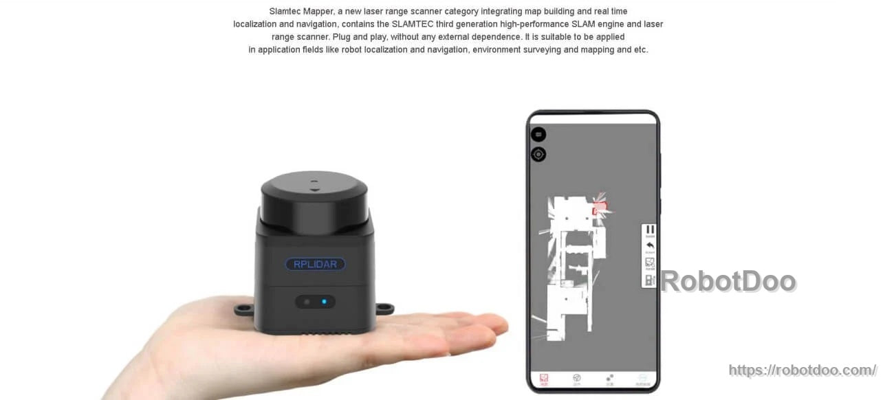 SLAMTEC Mapper M2M3 LiDAR mapping sensor size reference on a hand, with mobile mapping preview screen