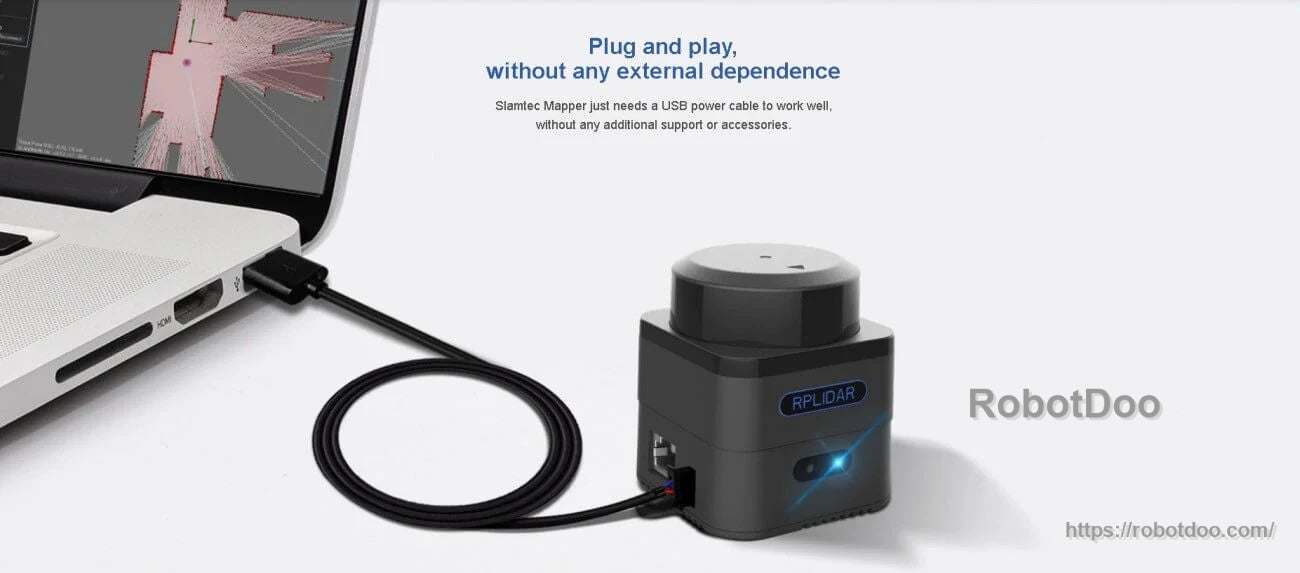 Mapper powered by USB cable connected to a laptop, illustrating plug-and-play setup without external dependencies