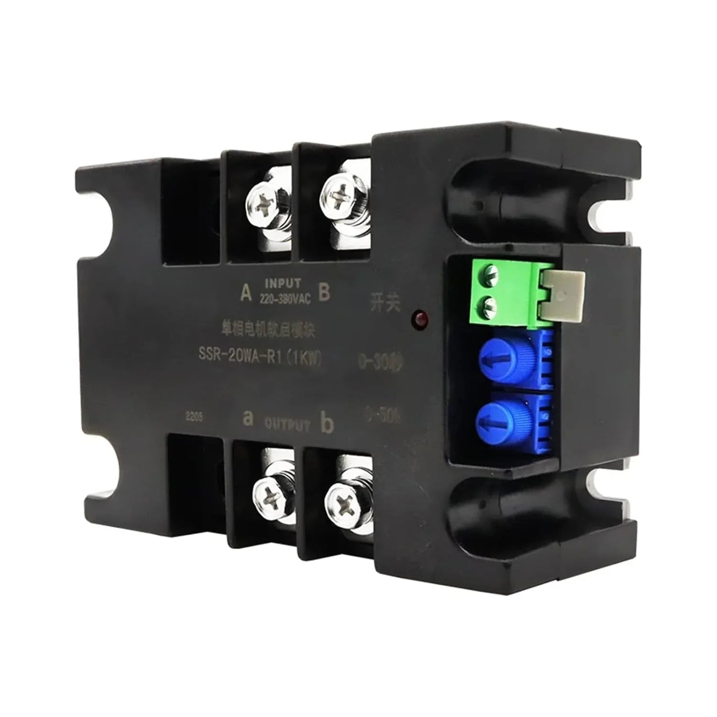 SSR-100WA-R single-phase motor soft starter with A/B input and output terminals, adjustable blue dials, and control connector