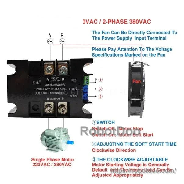 SSR-100WA-R single-phase motor soft starter with input, output, switch, and adjustable control terminals