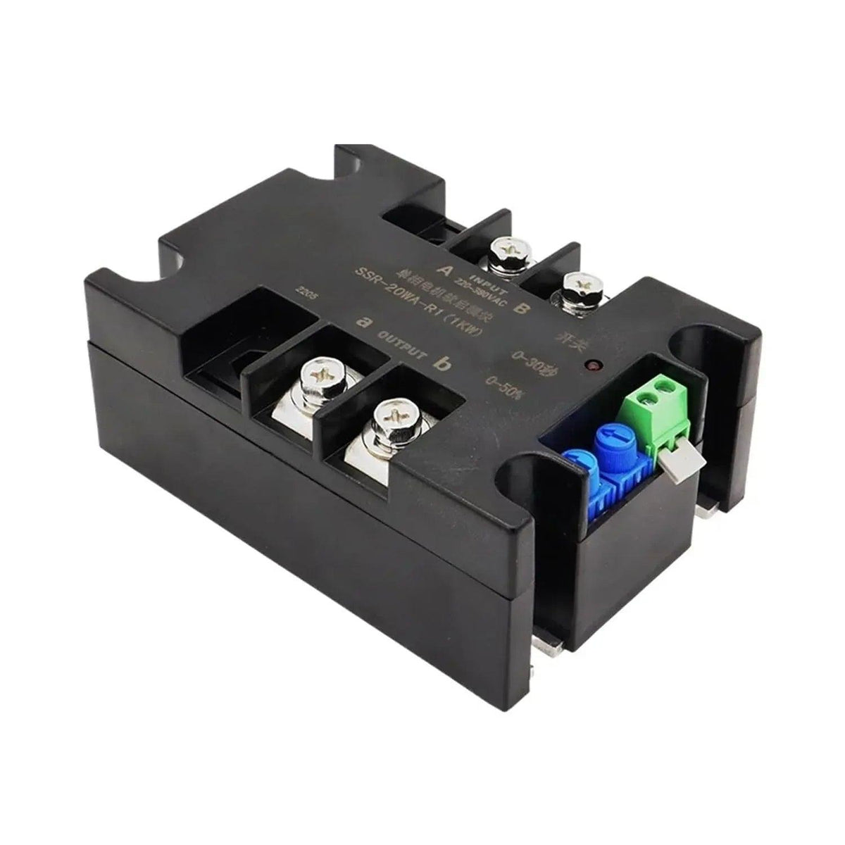 SSR-20WA-R1 1KW single-phase motor soft starter angled product view with screw terminals and adjustment controls