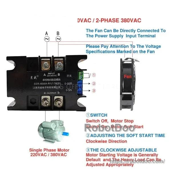 Soft starter wiring diagram showing a single-phase motor and fan connected to input terminals with start-time adjustment