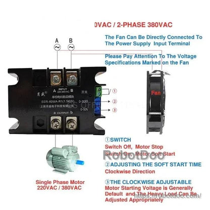 Soft starter wiring diagram showing a single-phase motor and fan connected to input terminals with start-time adjustment