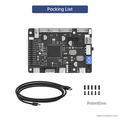 Packing list showing control board, USB cable, and mounting screws included in the box