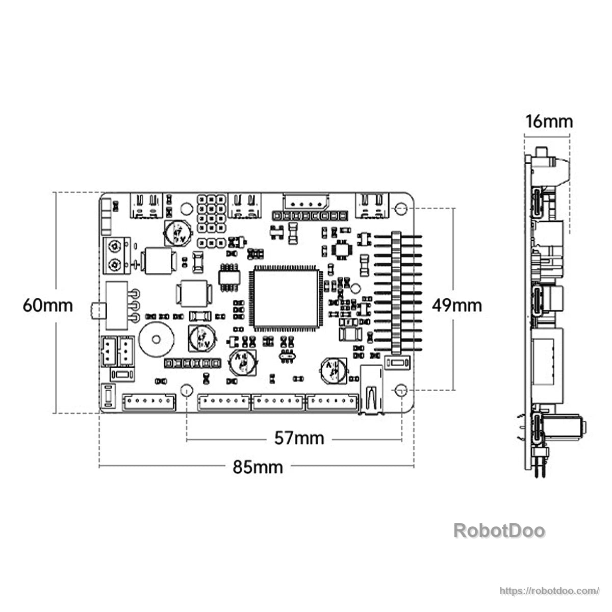 Dimension drawing of the control board showing 85×60 mm footprint and 16 mm thickness side profile