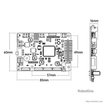 Dimension drawing of the control board showing 85×60 mm footprint and 16 mm thickness side profile