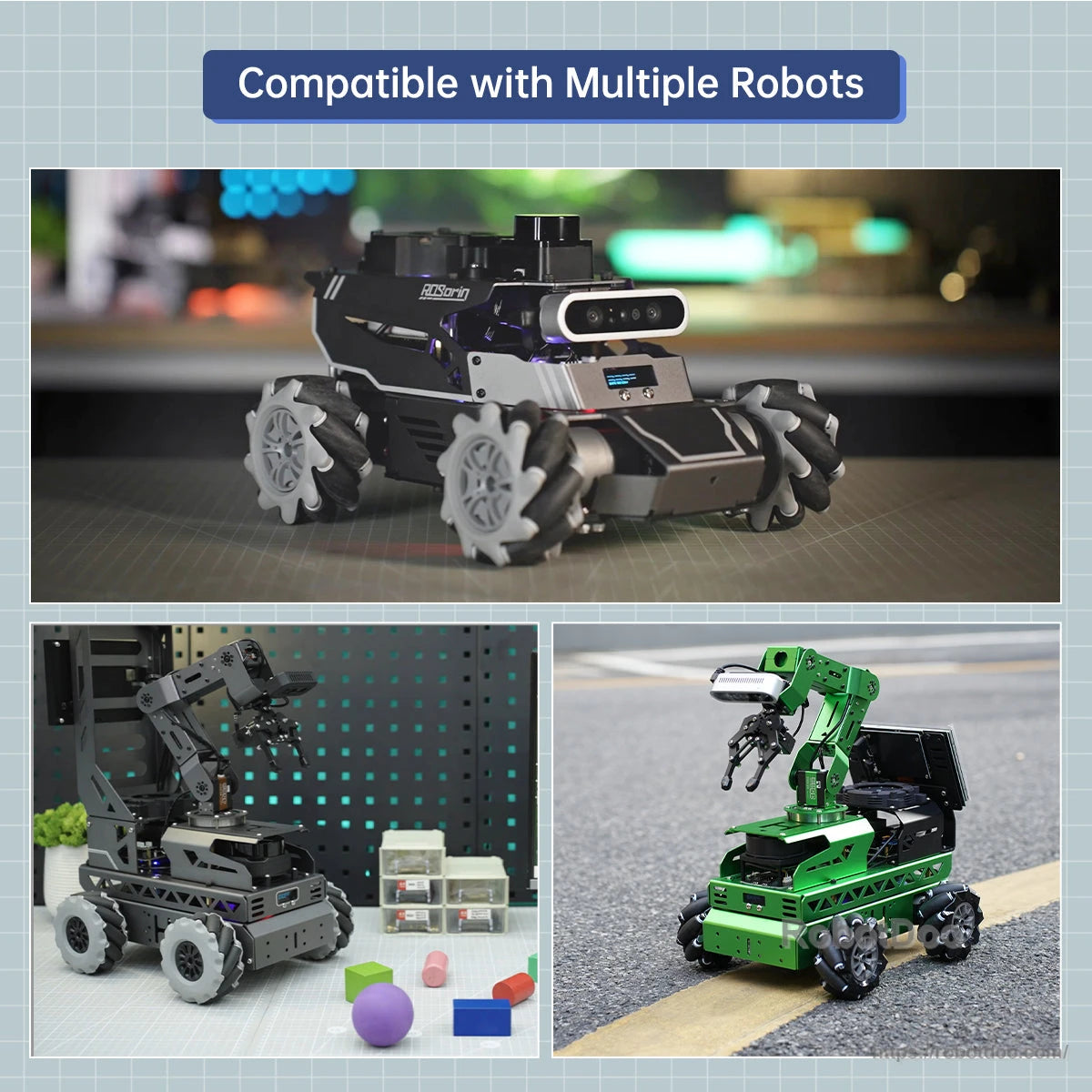 ROS robot application examples with three different rover/robot platforms shown in operation scenes