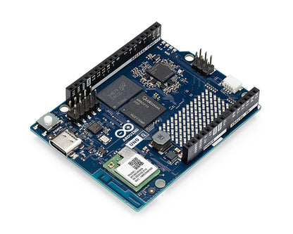 Arduino UNO Q 2GB development board angled view with USB-C port, pin headers and QRB2210 module