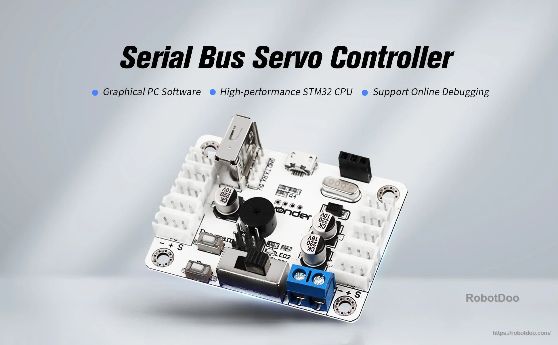 Hiwonder serial bus servo controller communication tester board with micro USB, buzzer, and servo ports