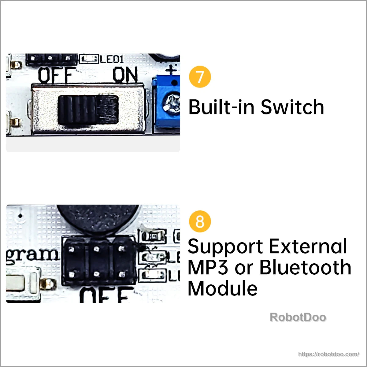 On-board power switch and header for external MP3/Bluetooth module on the Hiwonder servo controller