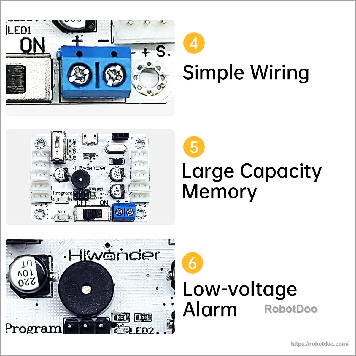 Detail callouts for wiring terminals, onboard memory, and low-voltage buzzer alarm on the servo controller board