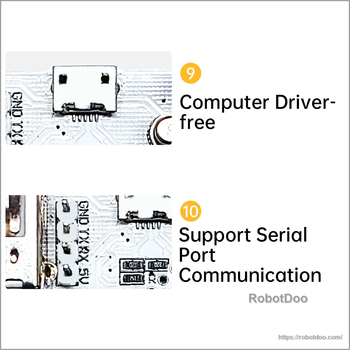 Micro USB connector and TTL serial communication header for driver-free PC connection and development-board control