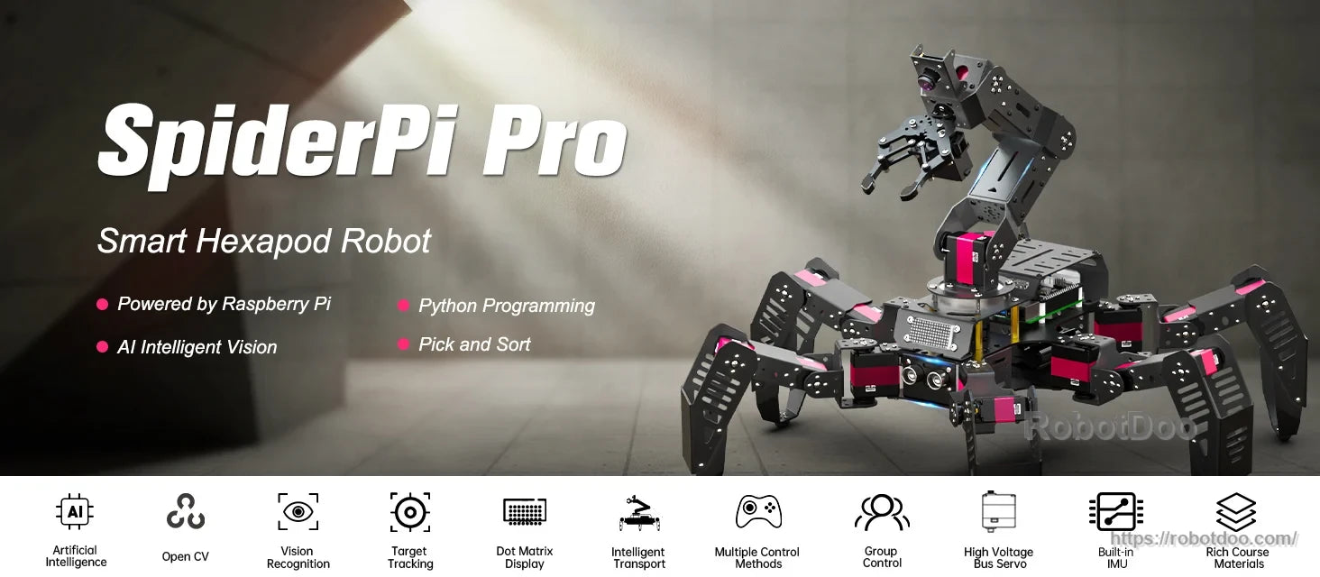 Hiwonder SpiderPi Pro Hexapod Robot with six legs, camera arm, and Raspberry Pi control