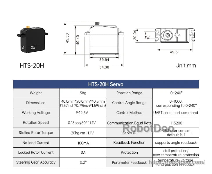 HTS-20H serial bus servo dimensions and technical specifications table