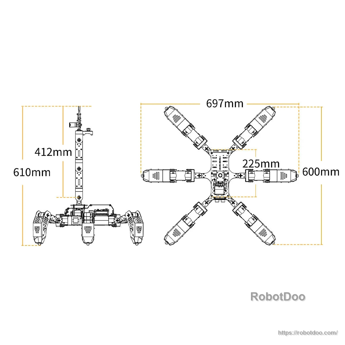 Hiwonder SpiderPi Pro hexapod robot dimension diagram with 697 mm span, 600 mm height, and 610 mm length