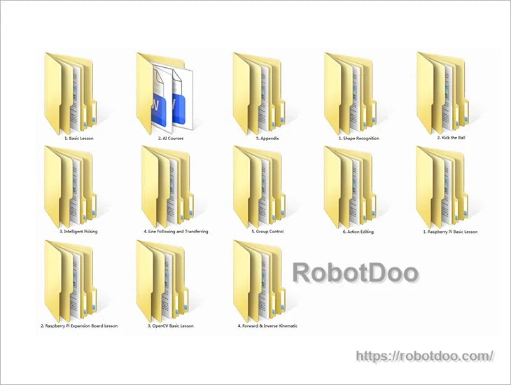 RobotDoo course folder list for SpiderPi Pro, including AI, OpenCV, kinematics, vision and motion lessons