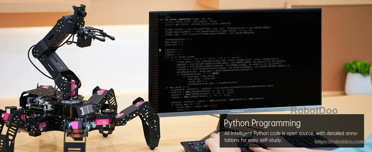 Hiwonder SpiderPi Pro Hexapod Robot beside a screen displaying Python programming code