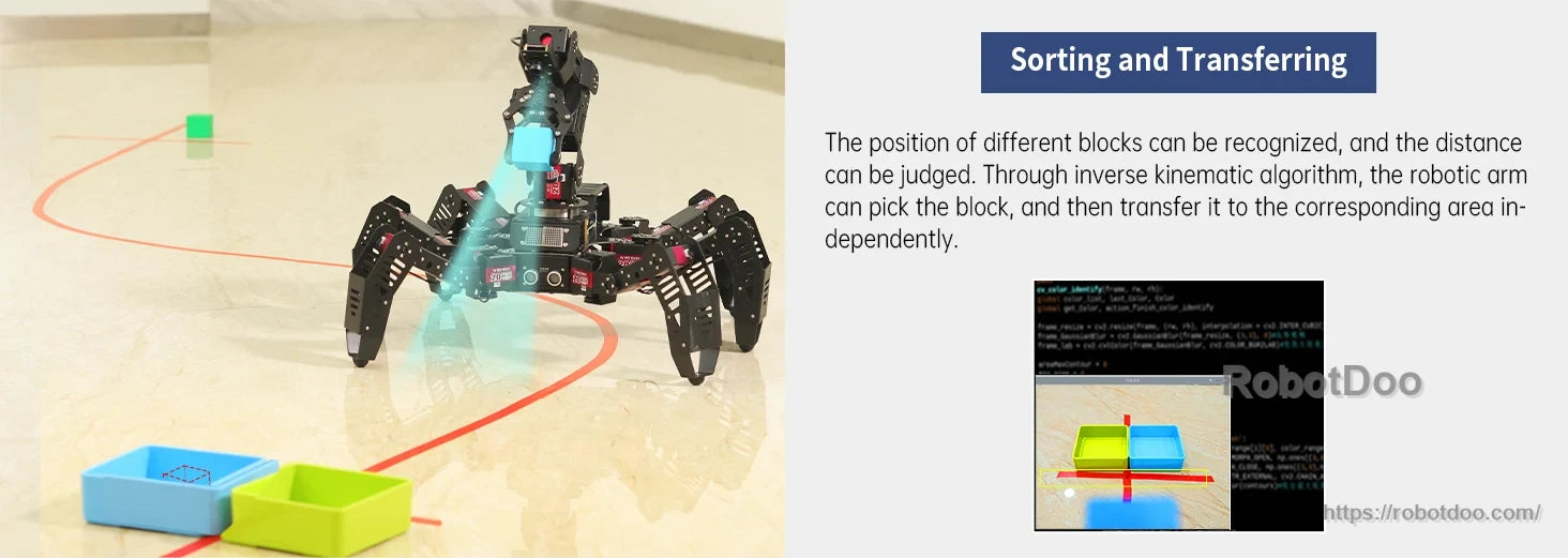 Hexapod robot sorting colored blocks with inverse-kinematics arm control