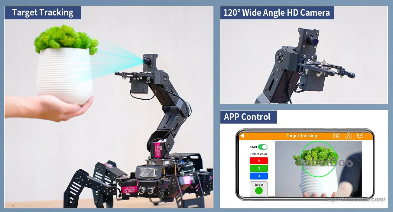 Hiwonder SpiderPi Pro robot using its arm camera for target tracking through the mobile app