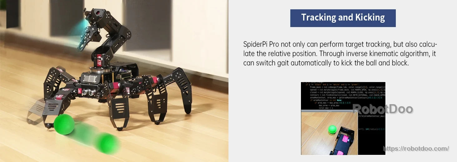 Hexapod robot tracking a green ball and preparing to kick it with its front leg