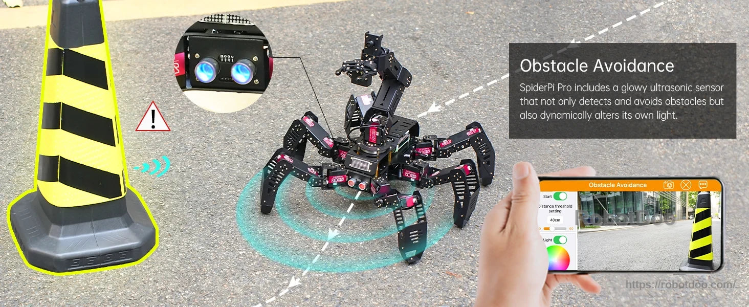 Hexapod robot detecting a roadside obstacle with ultrasonic ranging and mobile app view