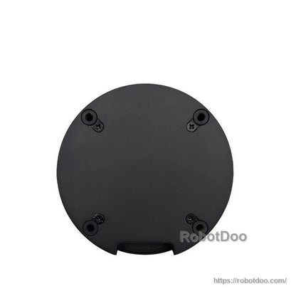 Back face view of round motor housing with four screw mounts around the perimeter