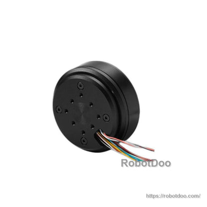 Rear view of motor showing back plate and multicolor wire lead exiting the housing
