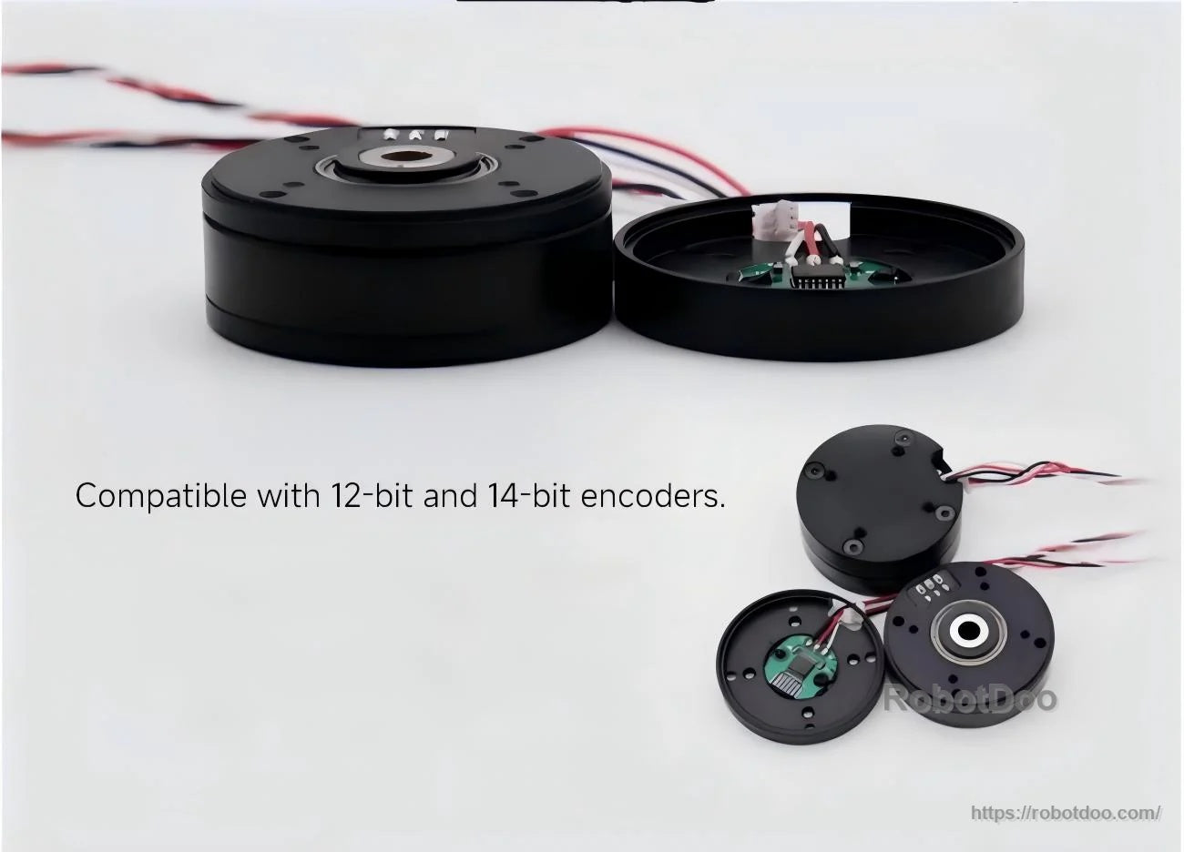 SteadyWin GB6010 motor with encoder housing opened, showing internal PCB and wiring for 12- and 14-bit encoders
