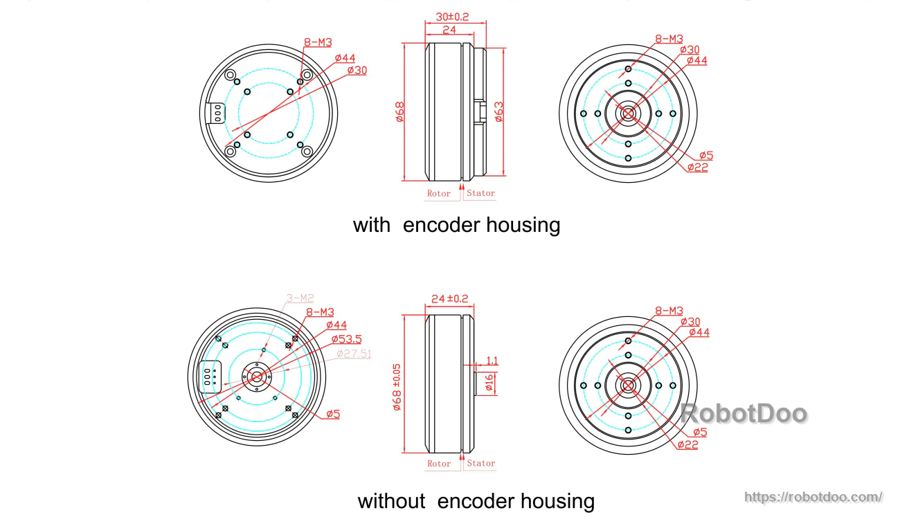 GB6010 motor mechanical dimensions and mounting hole layout, with and without encoder housing