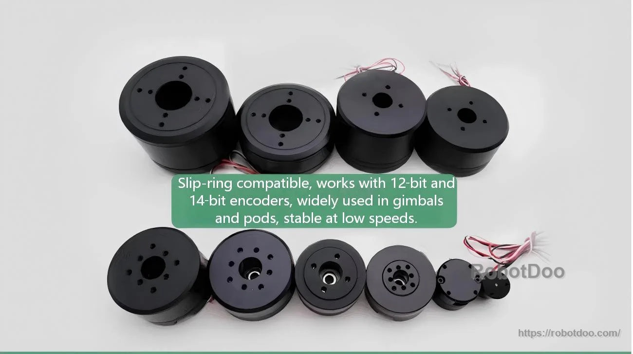 Range of compact slip-ring compatible motors in multiple sizes, suitable for gimbals, pods, and robotics applications