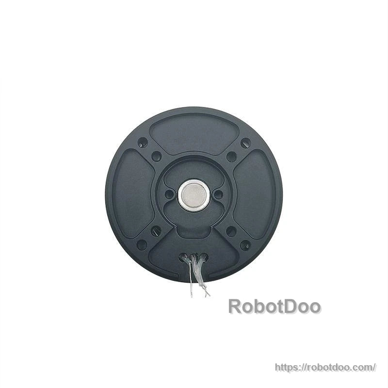 Rear view of reducer motor showing back cover, center hub, and wire leads exiting the housing