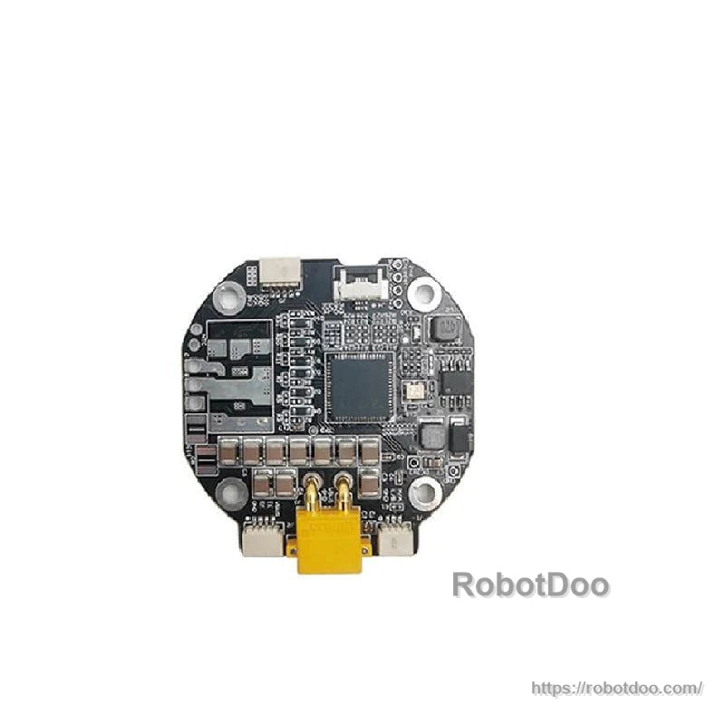 Round motor control PCB top view with components, connectors, and mounting holes